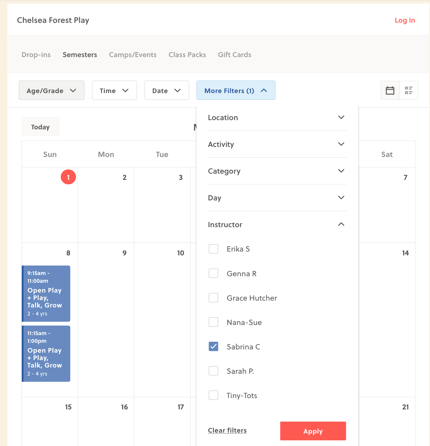 Chelsea Forest Play booking page with class filter instructions
